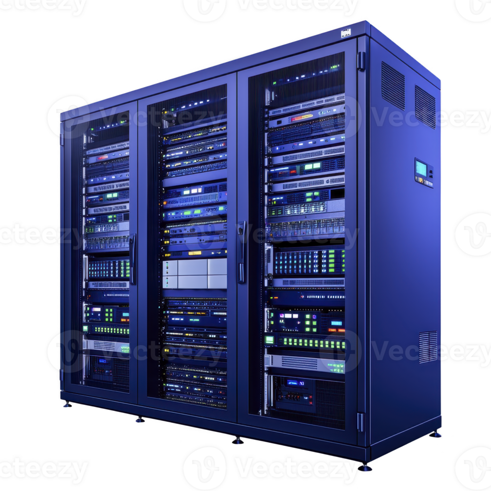 large, modern server rack filled with various networking equipment and servers, illuminated with blue LED lights, showcasing advanced technology and data management capabilities png