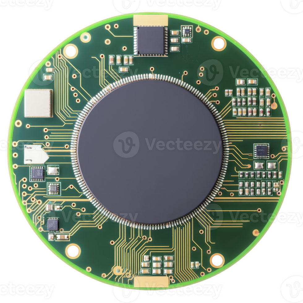 circular green circuit board with intricate gold pathways and various electronic components, including microchips and connectors, is displayed. design is compact and efficient png