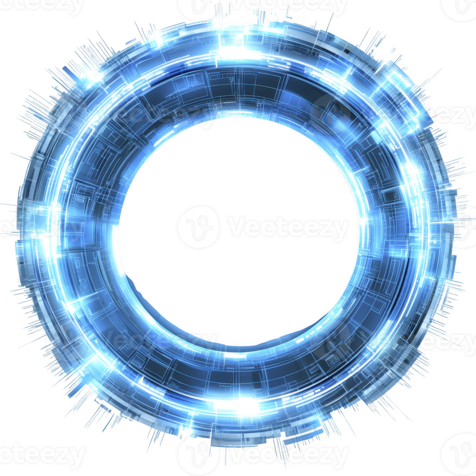 glowing blue circular digital interface with intricate patterns and bright lights creates futuristic and technological feel. design is reminiscent of high tech portal or holographic display png