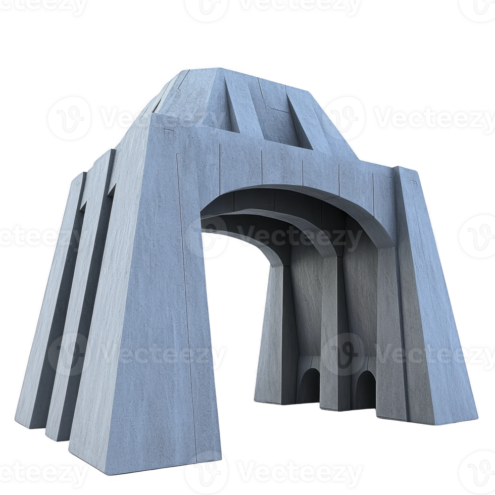 This features modern, abstract architectural structure with geometric design, made of concrete. structure has monumental and futuristic appearance, with large arches and angular lines png