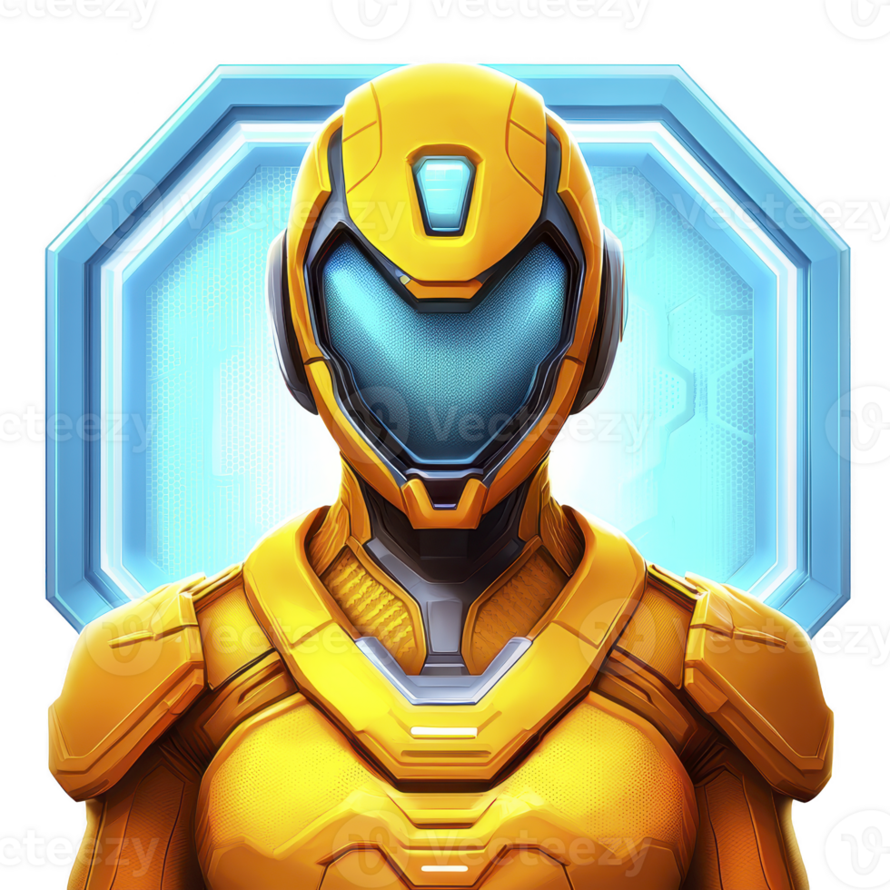 futuristic humanoid robot in sleek yellow armor stands confidently against glowing blue hexagonal backdrop, exuding sense of advanced technology and innovation png