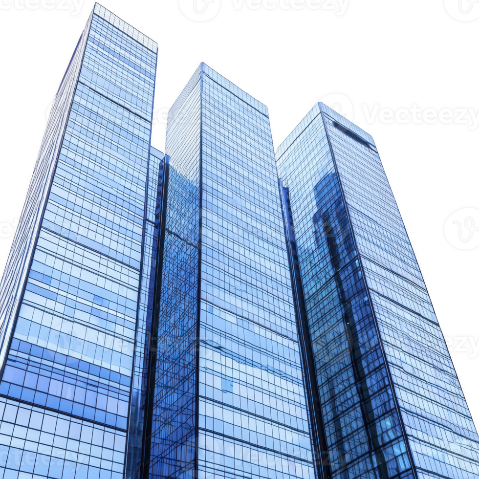 Tall modern skyscrapers with reflective glass facades stand against clear sky, showcasing contemporary architecture and urban development. buildings sleek design and towering presence create sense png