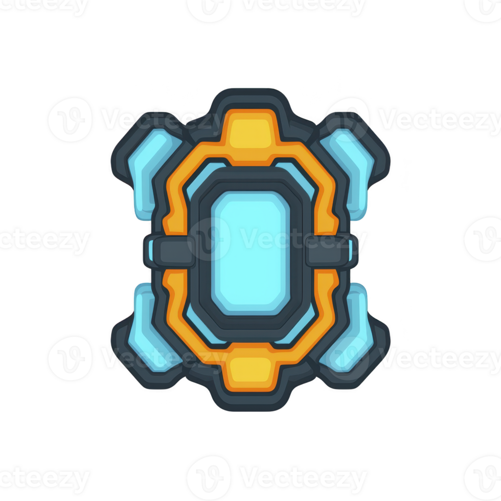 futuristic, glowing, blue and orange shield emblem with symmetrical design, featuring geometric shapes and central core, evokes sense of protection and technology png