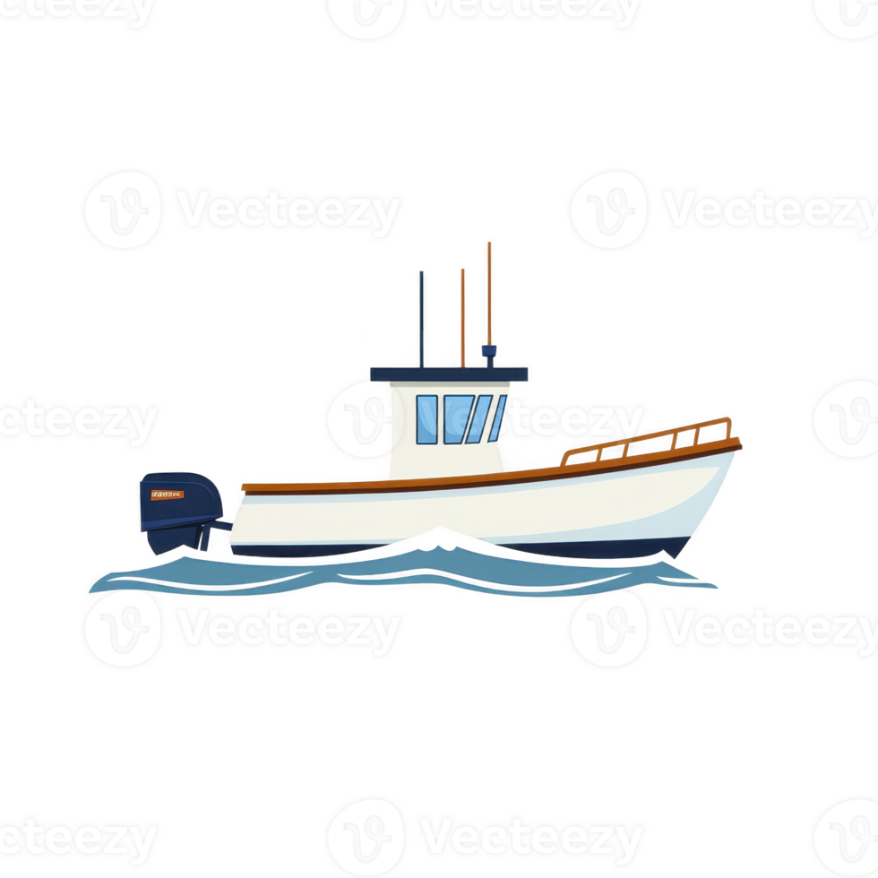 small fishing boat with blue and white hull is depicted, featuring outboard motor and cabin with antennas, sailing on calm waters png