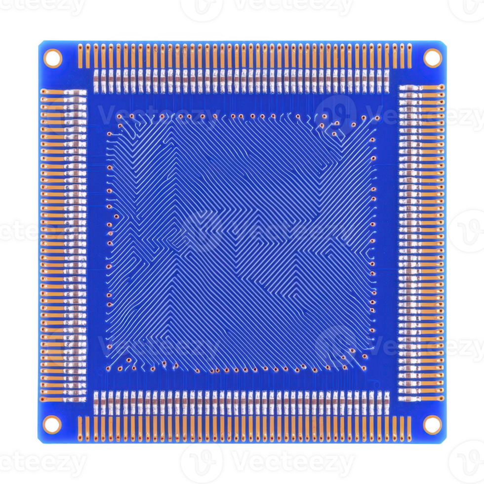 blue printed circuit board with intricate copper traces and multiple connection points, designed for electronic components. board detailed pattern highlights its complexity and precision png
