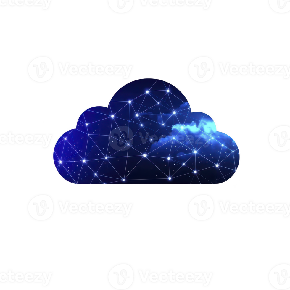 digital cloud icon with network of glowing lines and nodes represents cloud computing and data connectivity. dark blue background with stars adds futuristic feel png