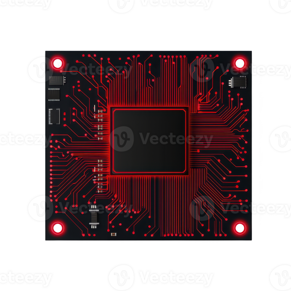 black circuit board with intricate red circuitry patterns and central square chip design, showcasing modern technology and electronic innovation png