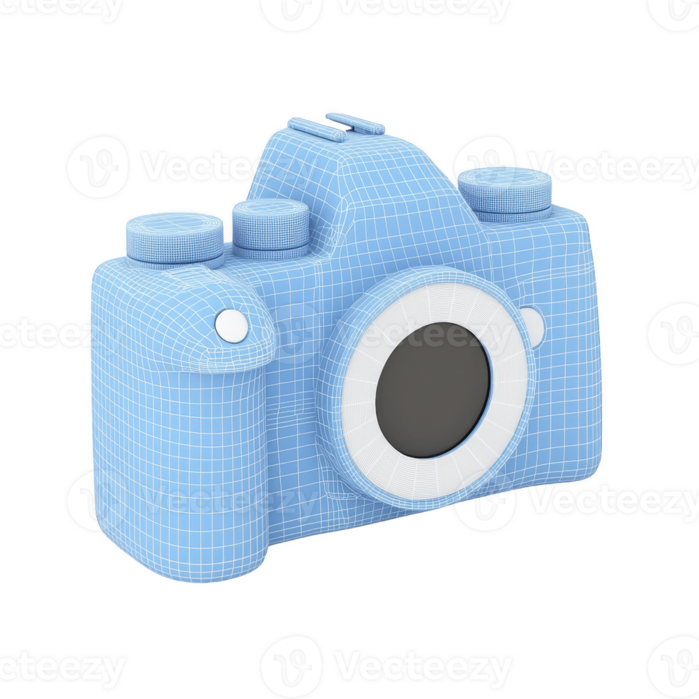 3D wireframe model of digital camera in light blue, showcasing intricate design details and structure. model highlights camera lens, buttons, and body, offering technical and creative perspective png