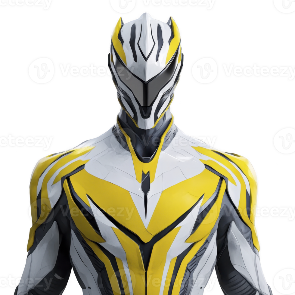 futuristic armored character sleek, yellow and white suit stands confidently, exuding sense of power and agility. design features sharp lines and helmet with visor, suggesting advanced technology png