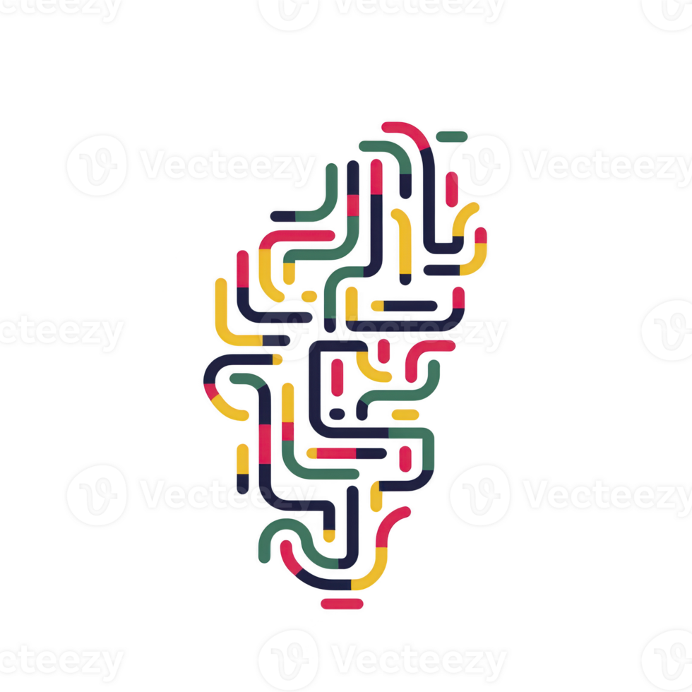 This features colorful abstract design resembling brain, composed of interconnected lines and shapes various colors like red, yellow, green, and blue. design is set against plain background png