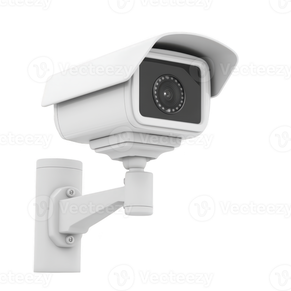 white security camera with modern design is mounted on wall, featuring protective cover and adjustable arm for surveillance png