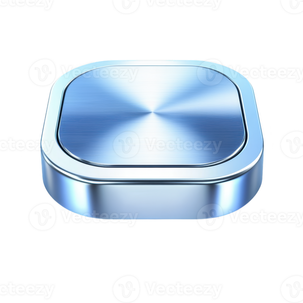 sleek, metallic, square button with shiny, brushed surface and rounded edges, reflecting light. button modern design and smooth finish give it futuristic appearance png