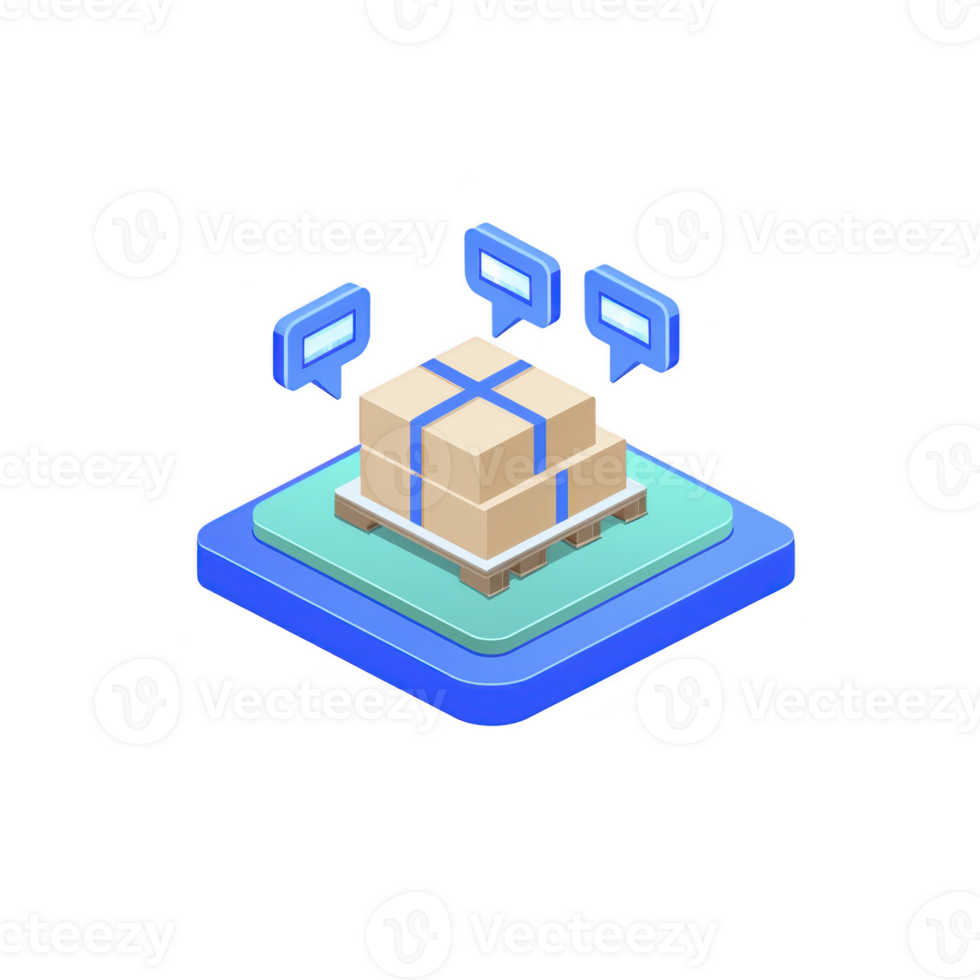 3D illustration of cardboard box on pallet with blue chat bubbles above, symbolizing communication in logistics and shipping. scene is set on blue platform, conveying modern digital theme png