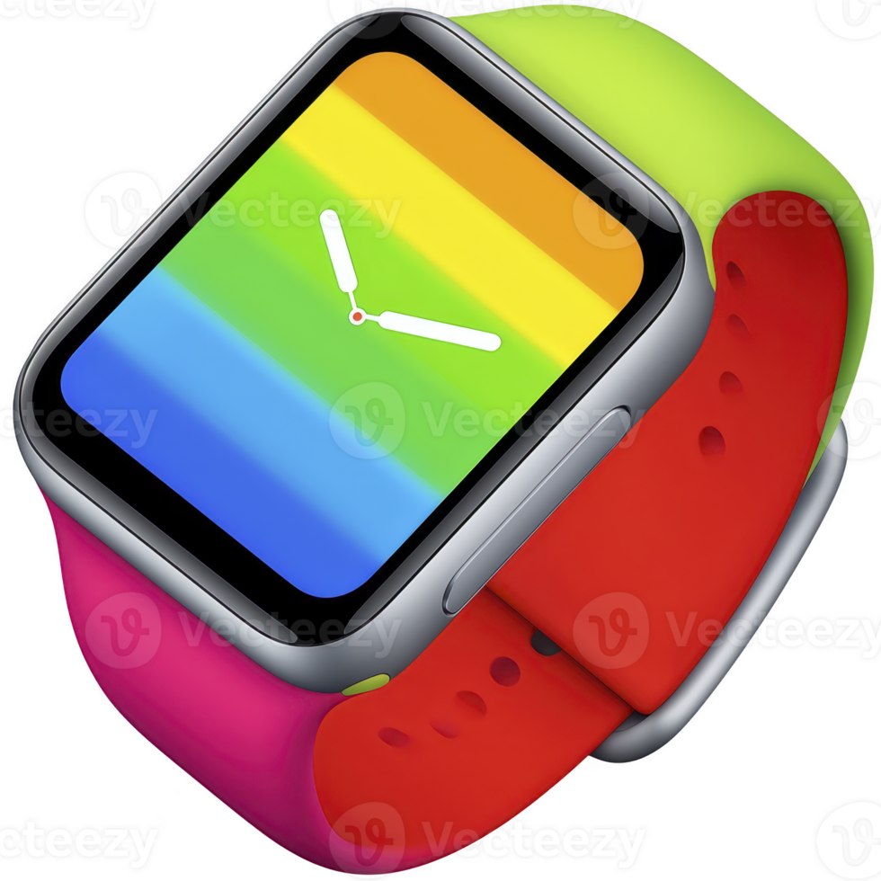 colorful smartwatch with vibrant rainbow display and multicolored strap, blending red, green, and pink hues, showcasing modern and playful design png