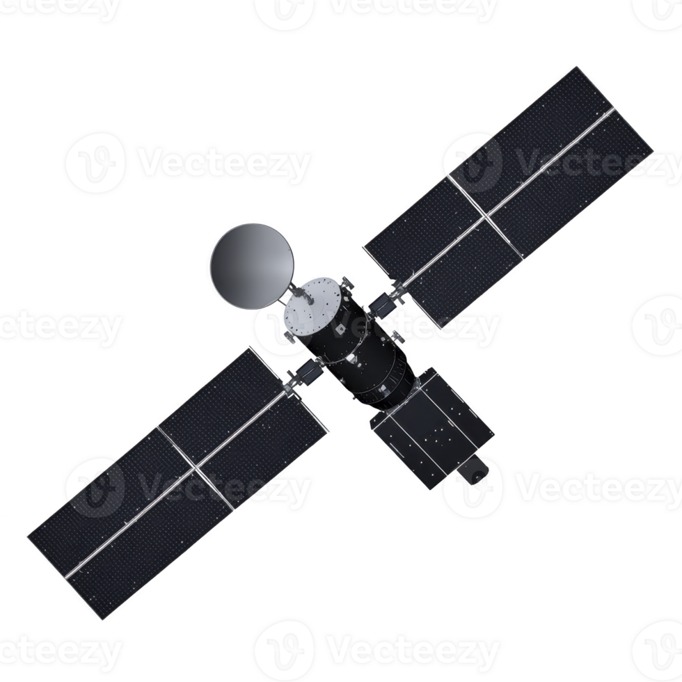 satellite with large solar panels and dish antenna is depicted, showcasing its advanced technology and design for space communication png