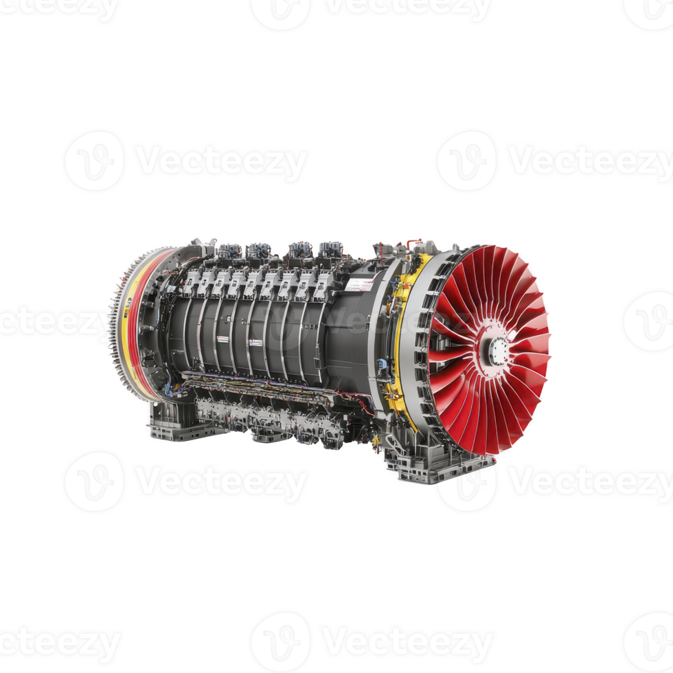 detailed image of jet engine showcases its intricate components, including red fan blades and complex internal structure. engine is isolated transparency background, highlighting its engineering png
