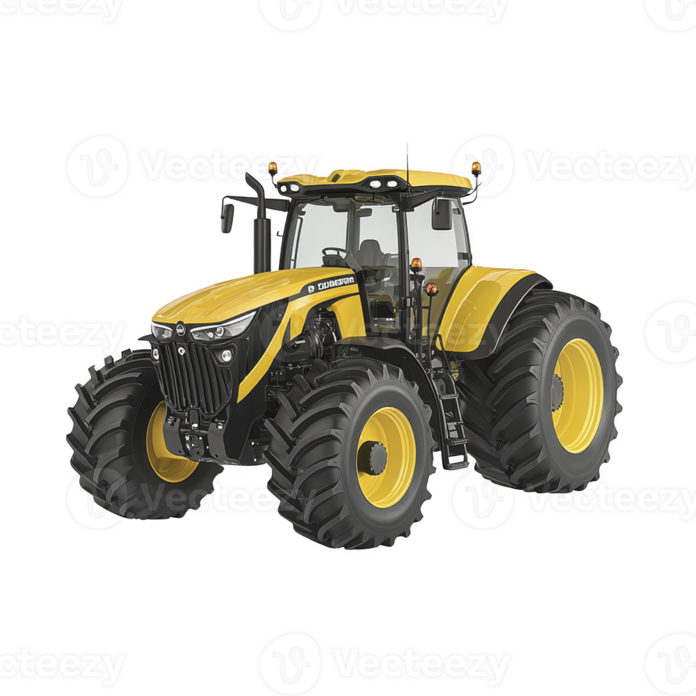 large, modern yellow tractor with oversized tires designed for heavy duty agricultural work. vehicle features robust build, suitable for various farming tasks, and showcases advanced machinery png