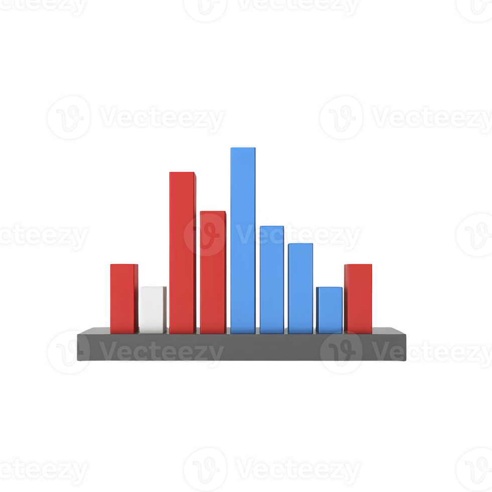 colorful 3D bar chart with red, blue, and white bars on gray base, representing data visualization and analysis. bars vary in height, indicating different values png