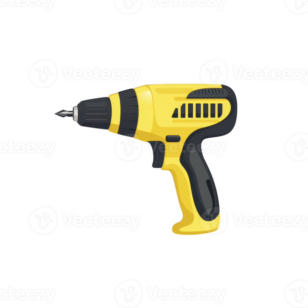 yellow and black cordless drill with sleek design is shown, featuring comfortable grip and drill bit attached. This versatile tool is ideal for various DIY projects and construction tasks png