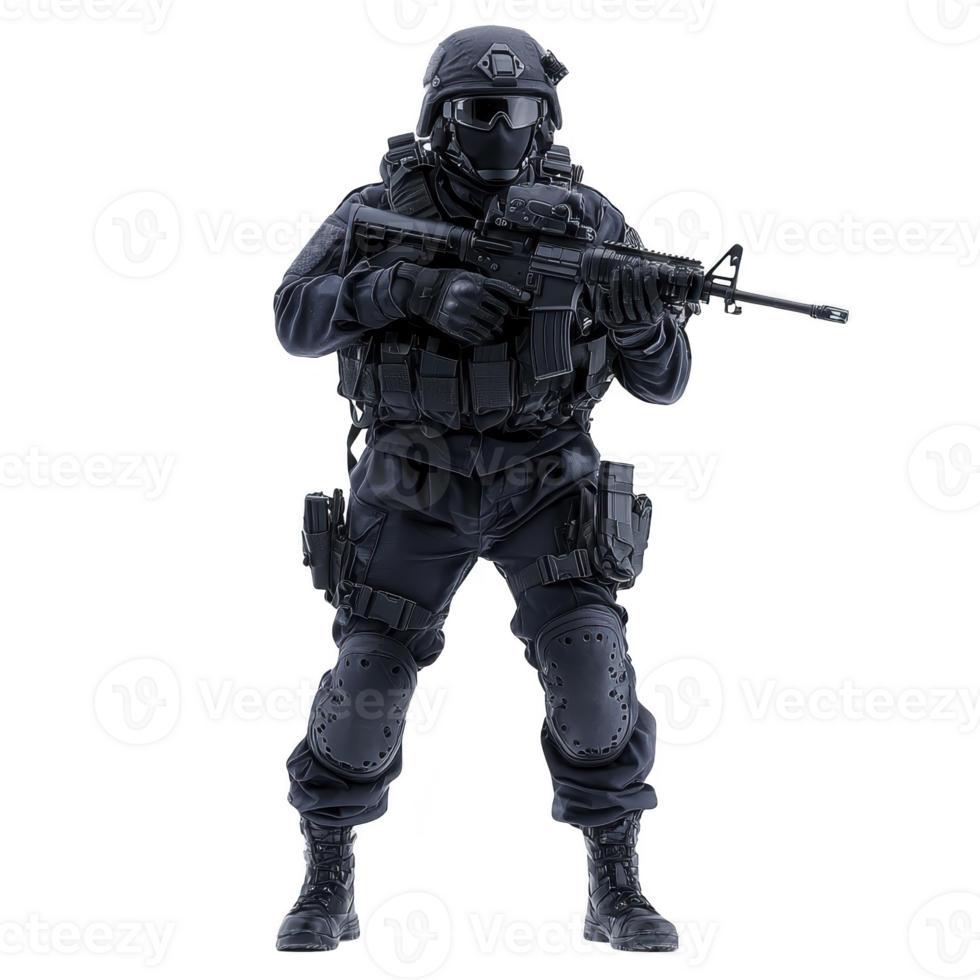 tactical soldier in full gear stands ready, holding rifle. soldier is equipped with helmet, goggles, and protective clothing, conveying sense of preparedness and focus png