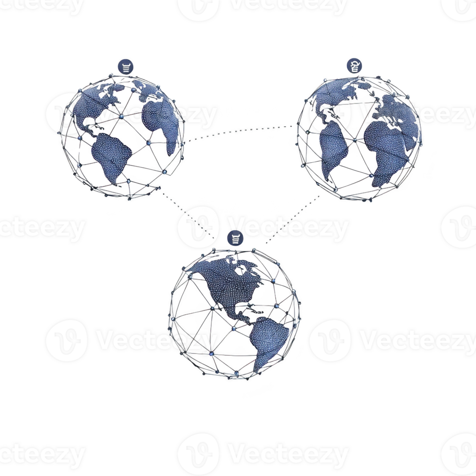 Three interconnected globes with network lines represent global communication and connectivity. blue continents on each globe highlight worldwide interaction and digital networking png