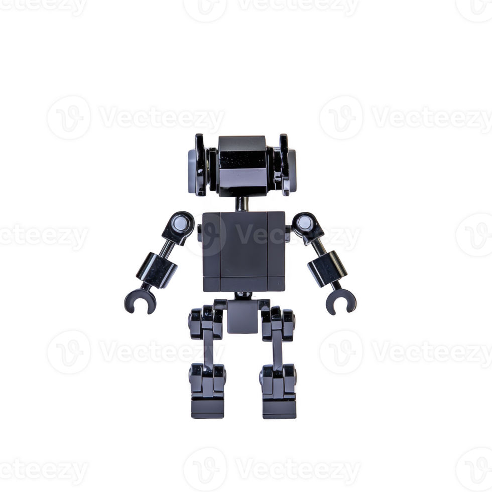 small black toy robot with articulated limbs and blocky design stands against plain background, showcasing its mechanical features and playful appearance png