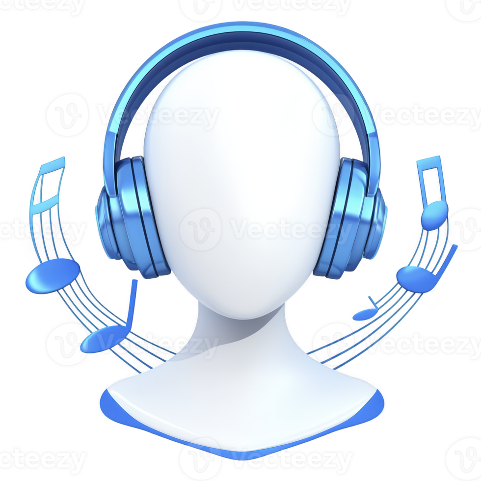 faceless figure wearing blue headphones is surrounded by musical notes, symbolizing enjoyment of music. minimalist design emphasizes modern and digital aesthetic png