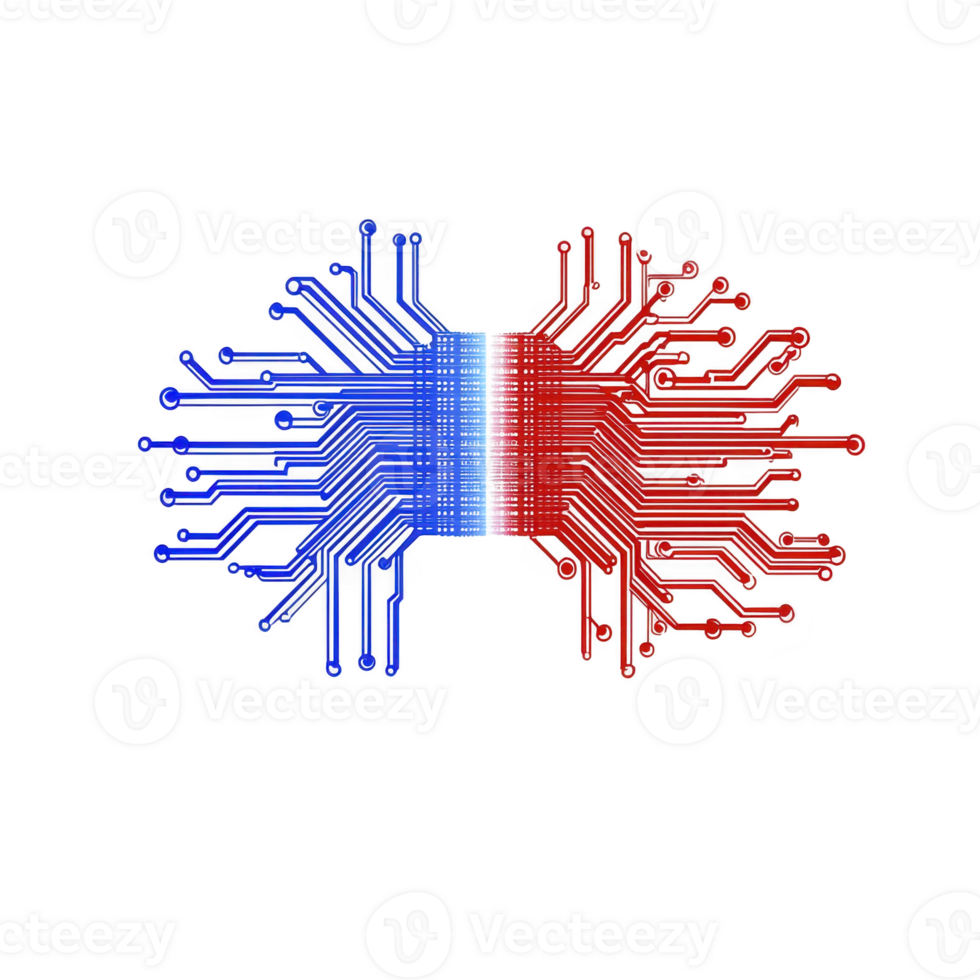 This features digital circuit design red, white, and blue, resembling symmetrical pattern. intricate lines and connections evoke sense of technology and innovation. circuit design red, white png