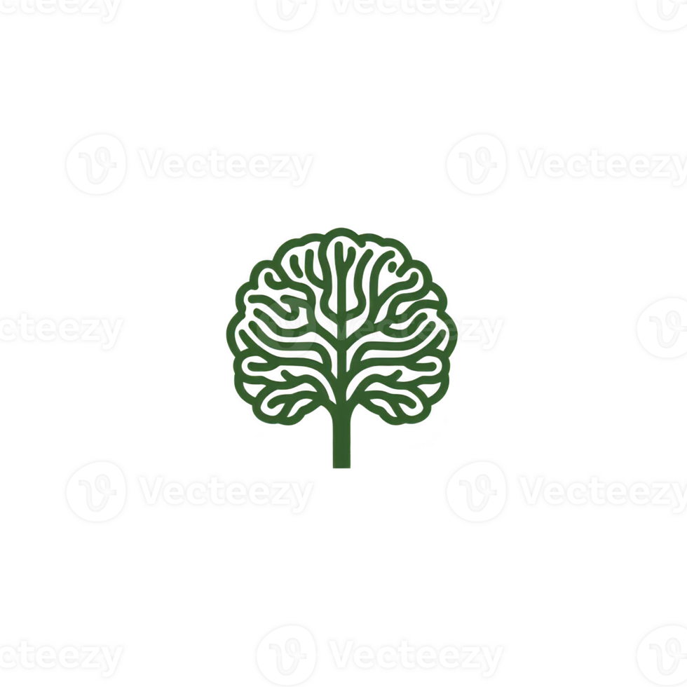 stylized green tree logo with intricate branches forms brain like shape, symbolizing growth and knowledge. design is simple yet impactful, conveying sense of nature and intelligence png