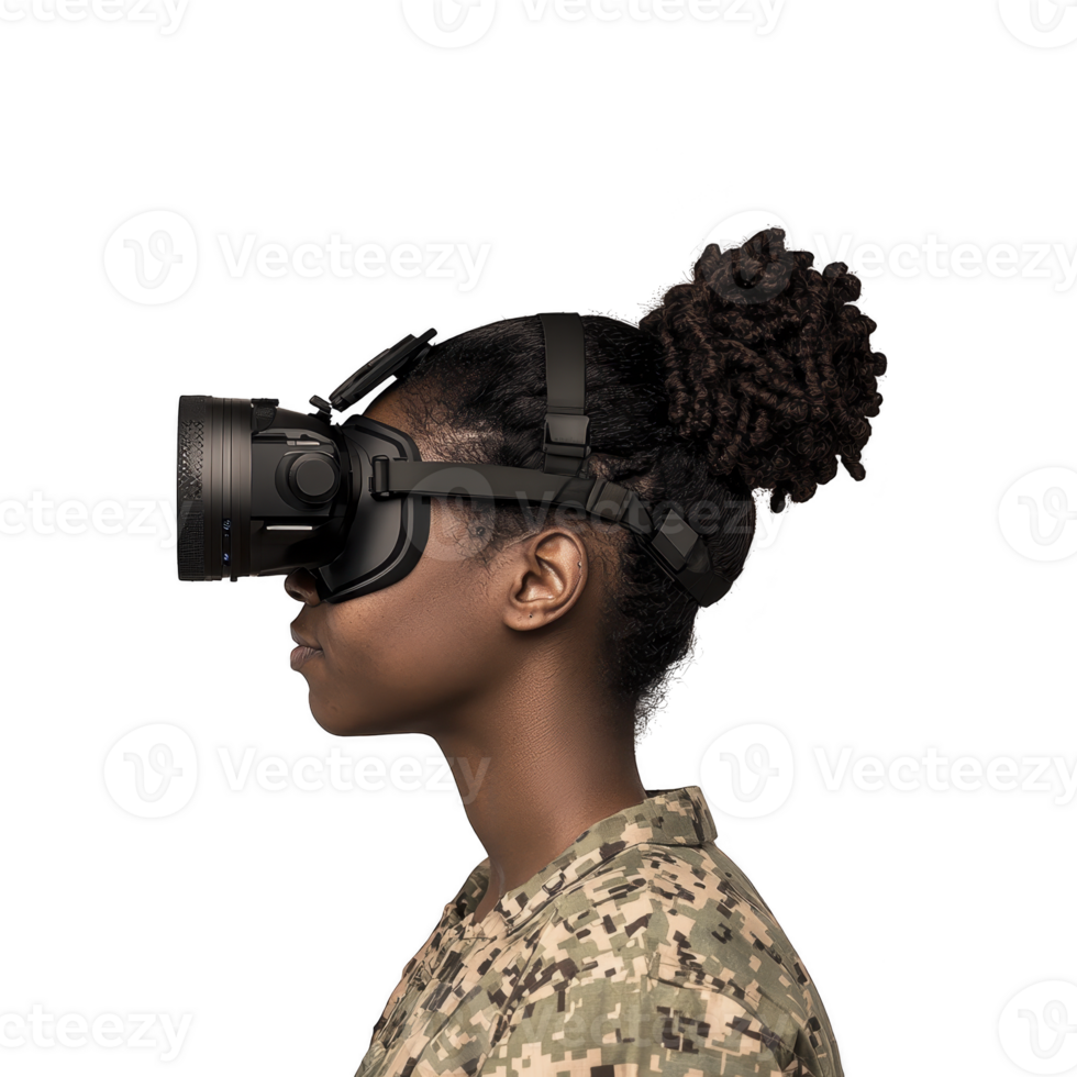 person in military attire is wearing virtual reality headset, exploring immersive technology. side profile highlights integration of modern tech in military training png