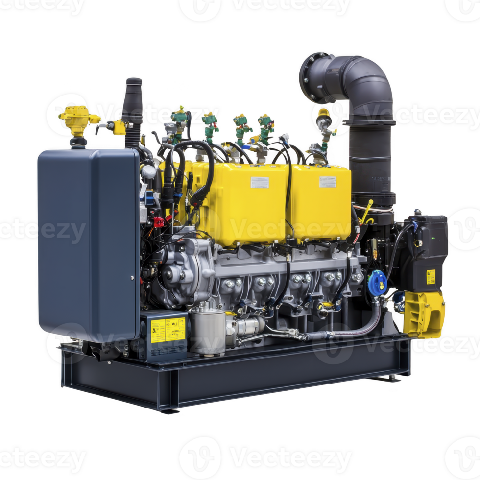 large industrial diesel engine with yellow and black components, featuring multiple cylinders and intricate piping, is designed for heavy duty applications. engine is mounted on sturdy base png