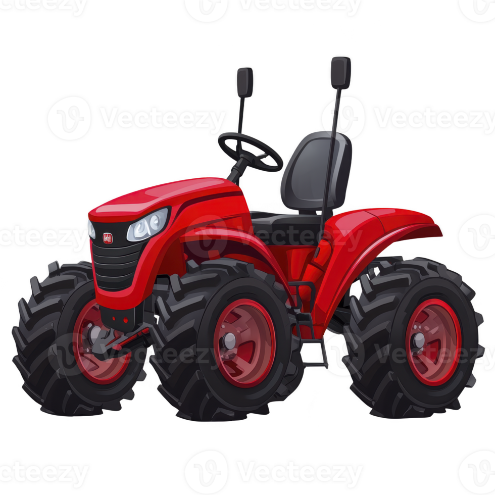 red tractor with large tires and black seat is depicted in digital illustration, showcasing its robust design and modern features. tractor is designed for agricultural use png