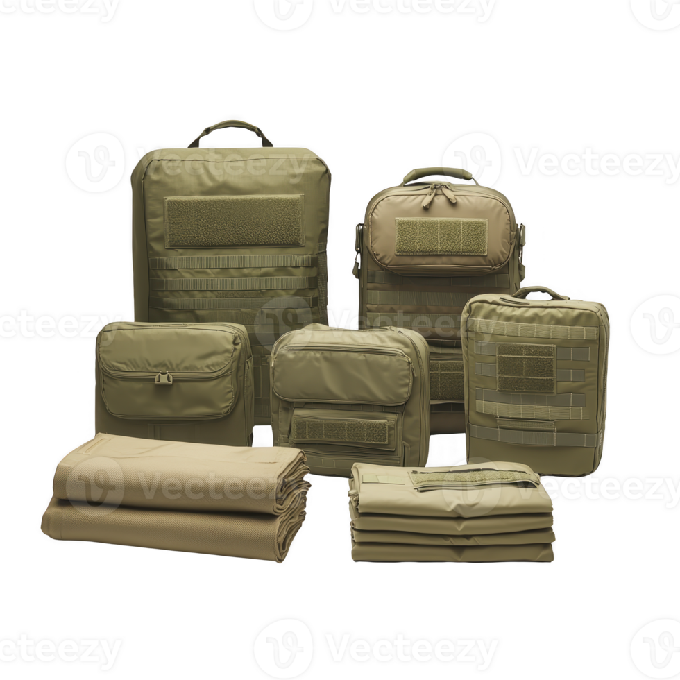collection of tactical gear including backpacks, pouches, and folded blankets in olive green and beige, designed for outdoor and military use. items feature multiple compartments and straps png