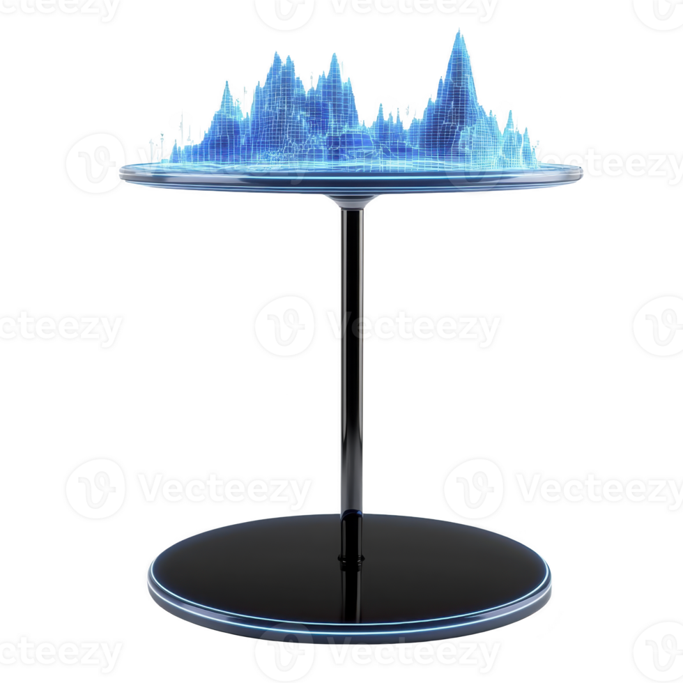 futuristic holographic display table showcases 3D digital landscape with glowing blue peaks and valleys, creating high tech and innovative atmosphere png