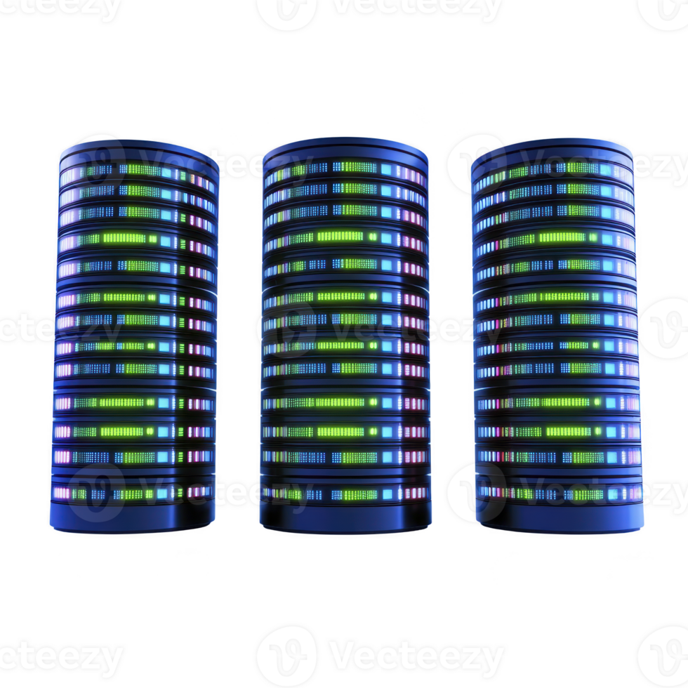 Three futuristic, glowing server towers with vibrant blue and green lights stand against transparency background, symbolizing advanced technology and data storage png