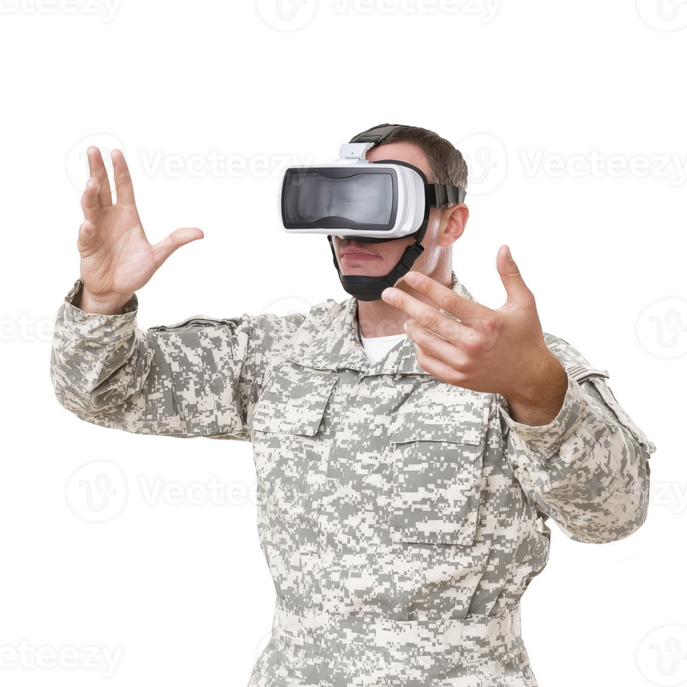 person in military uniform is using virtual reality headset, appearing engaged and focused. digital camouflage pattern contrasts with modern technology, highlighting innovation in training png