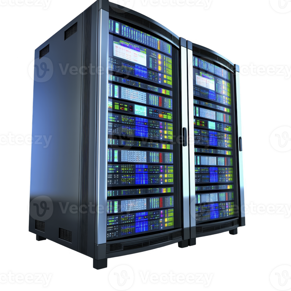 Two large server racks filled with illuminated hardware components stand side by side, showcasing modern data center setup. glowing lights indicate active processing and data management png