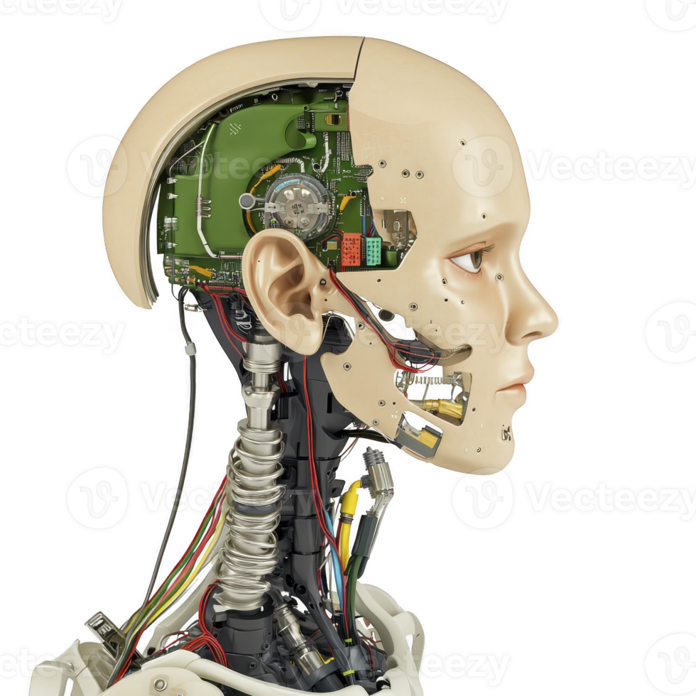 humanoid robot with exposed internal components, showcasing intricate wiring and mechanical parts, represents advanced technology and artificial intelligence. detailed design highlights innovation png