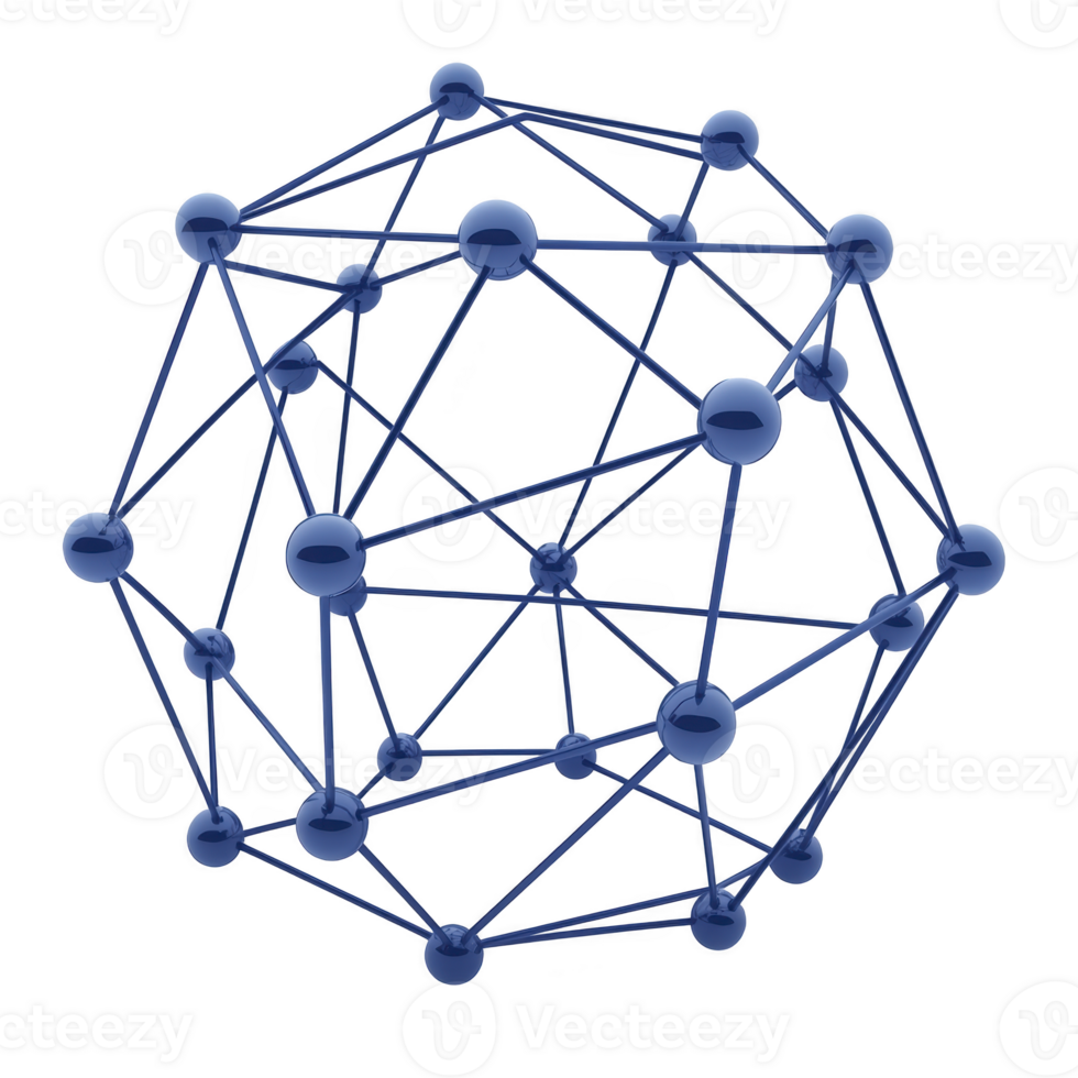 3D geometric structure composed of interconnected blue spheres and lines forms complex network, resembling molecular or atomic model. design is intricate and visually striking png