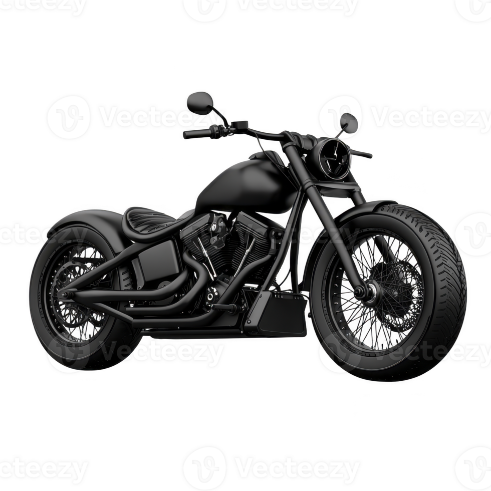 sleek black motorcycle with minimalist design, featuring low seat and wide tires, exudes sense of power and freedom. matte finish adds modern touch to its classic style png