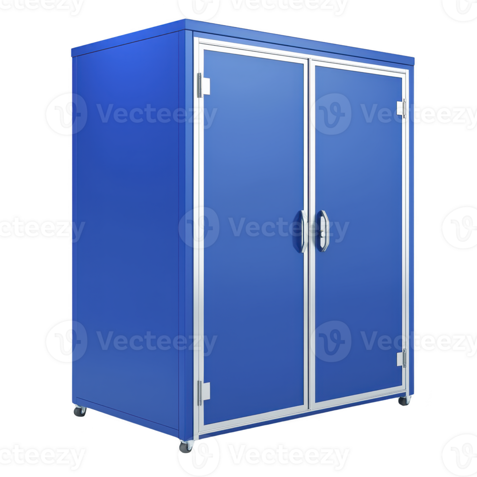blue metal storage cabinet with double doors and handles, featuring sleek design and mounted on wheels for easy mobility. Ideal for organizing tools or supplies in workshop png