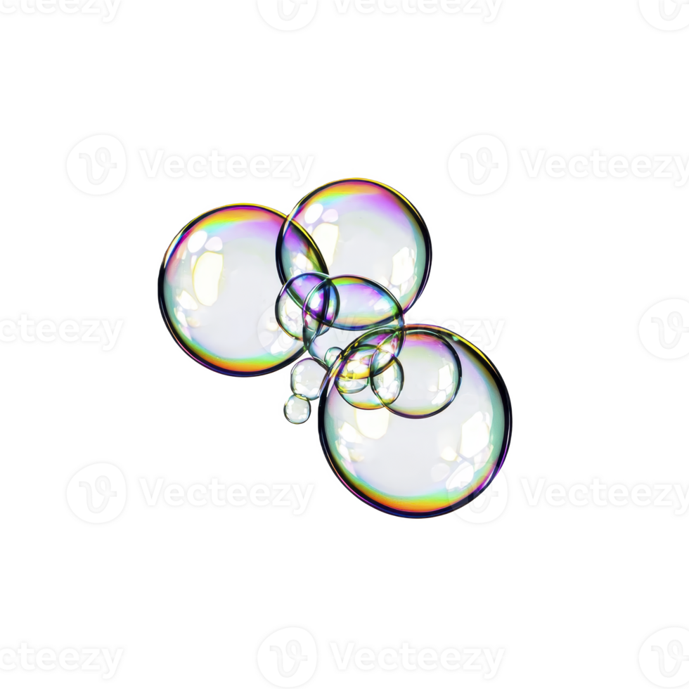 cluster of iridescent soap bubbles floats against transparency background, showcasing spectrum of colors. bubbles vary in size, creating playful and whimsical effect png