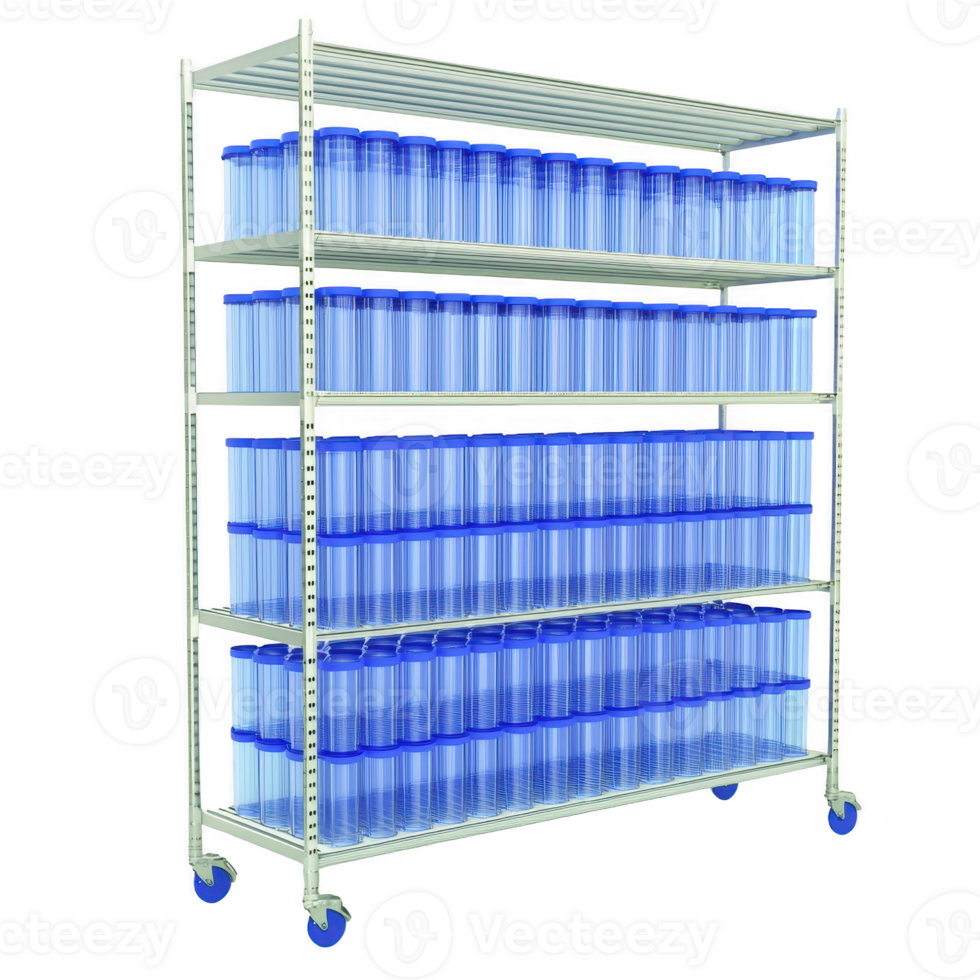 large metal shelving unit with multiple levels is filled with transparent blue storage containers, organized neatly. unit is on wheels for easy mobility, ideal for efficient storage solutions png