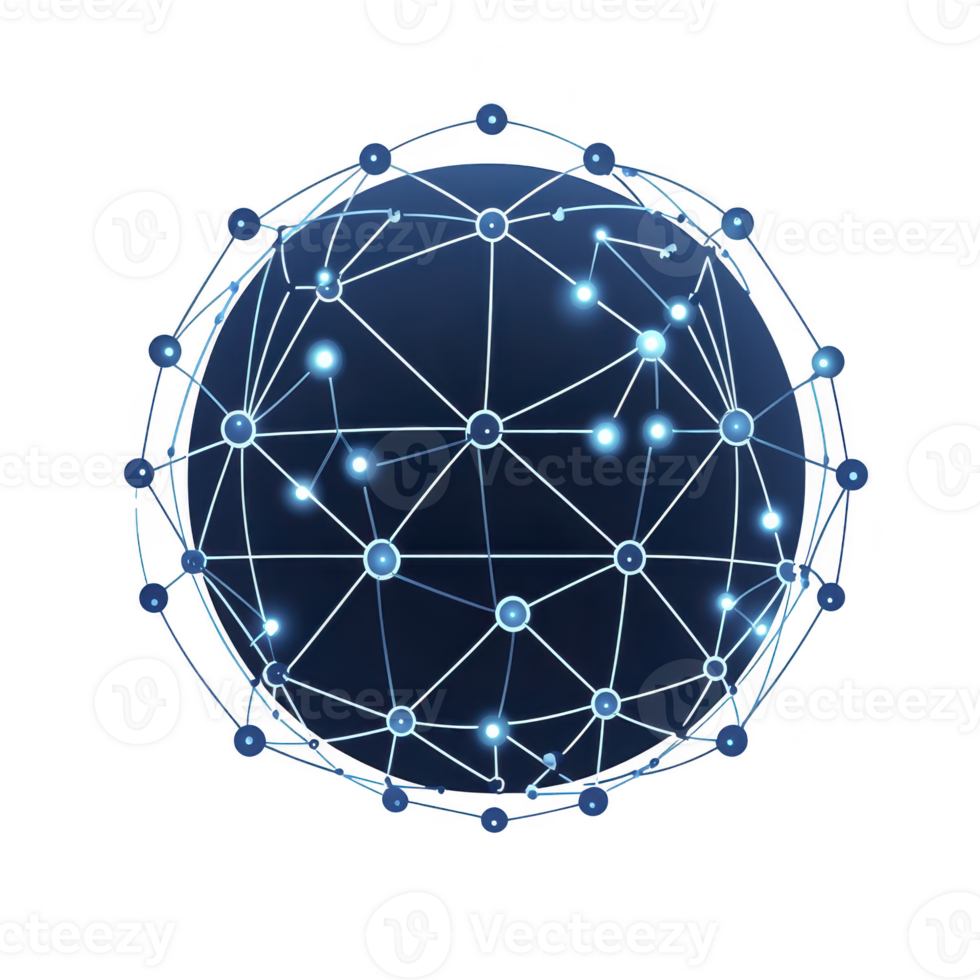 glowing blue sphere with interconnected nodes and lines represents global network or digital communication system, symbolizing connectivity and technology png