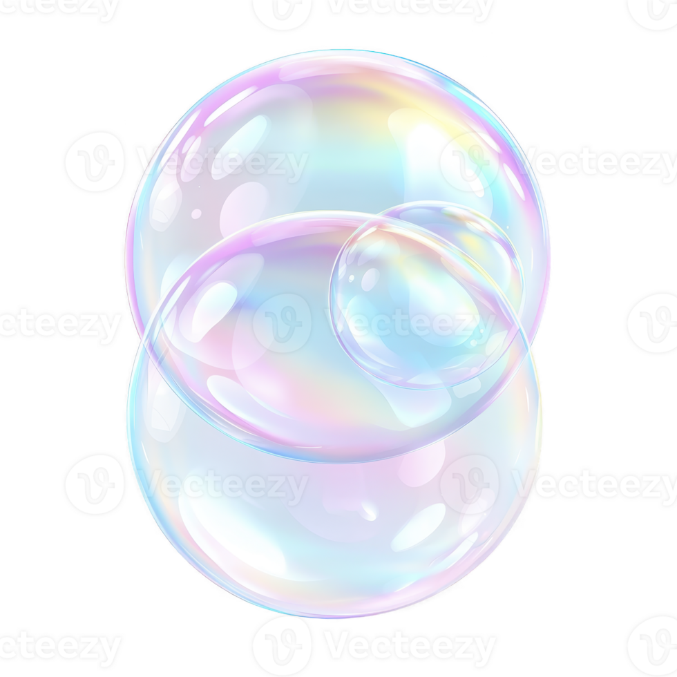 pair of iridescent soap bubbles float against transparent background, displaying spectrum of colors. delicate and translucent nature of bubbles creates whimsical and dreamy effect png