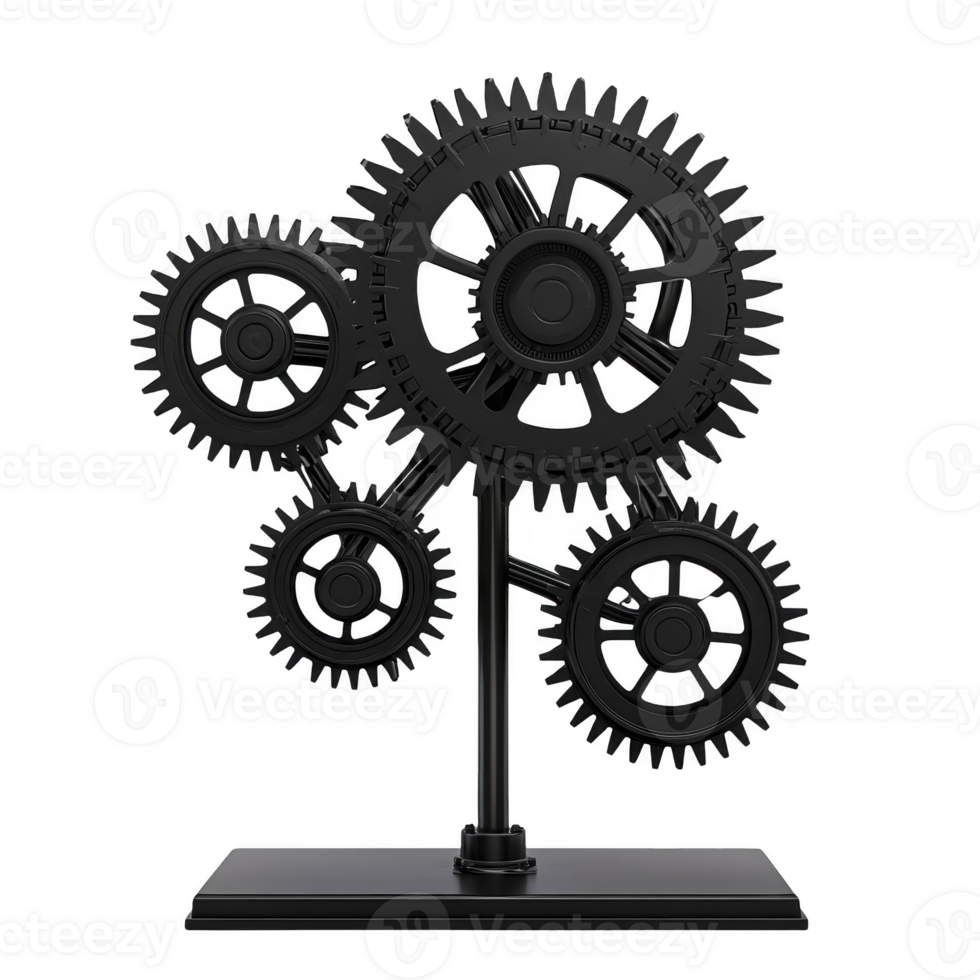 set of interconnected black gears is displayed on stand, showcasing mechanical engineering and industrial design. gears are intricately arranged, symbolizing teamwork and precision png