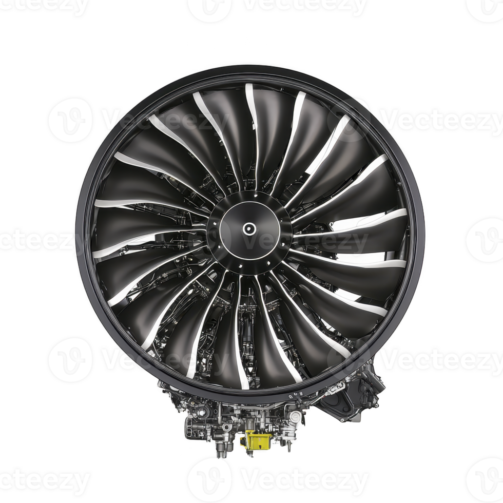 large jet engine fan with multiple blades is shown in detailed view, highlighting its intricate design and engineering. image captures complexity and precision of modern aviation technology png
