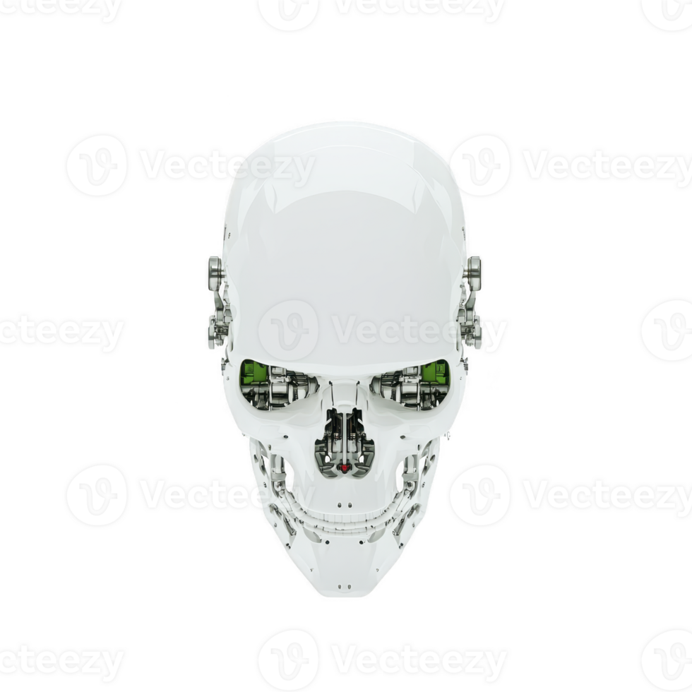 futuristic white robotic skull with visible internal mechanisms and green accents, showcasing advanced technology and innovation. design is sleek and minimalistic, evoking sense of modernity png