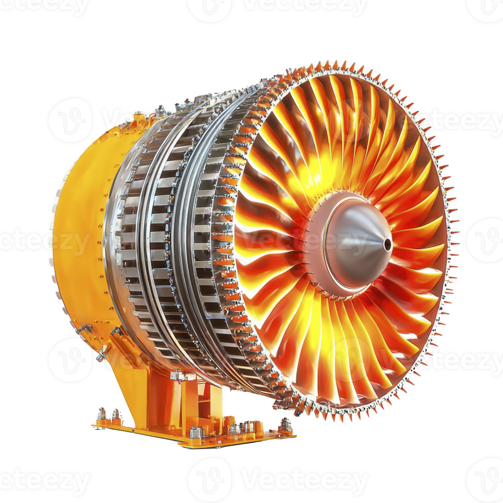 large, detailed jet engine with vibrant orange and silver components, showcasing intricate turbine blades and mechanical parts, is displayed against transparency background png