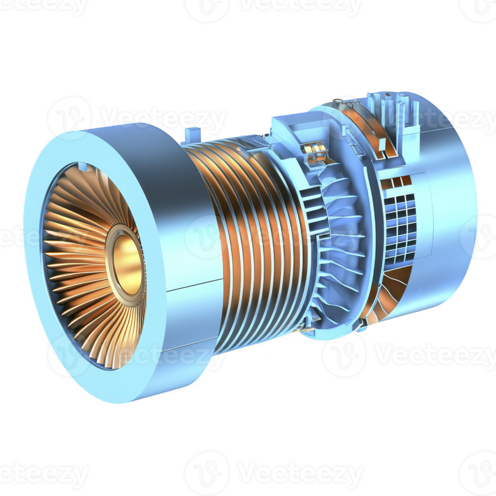 detailed 3D rendering of jet engine showcases intricate components, including turbine blades and cylindrical structure, highlighting engineering precision and technological innovation png